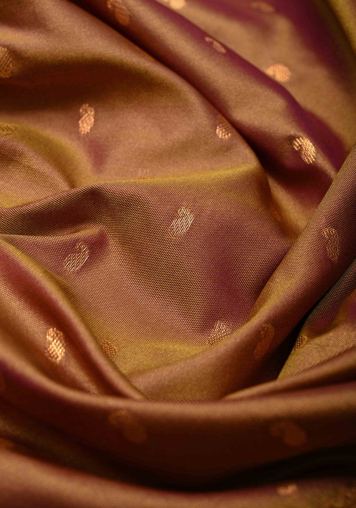 Brown Dual tone Kanchi Semi Silk Saree with Paisley Zari Buttas and Geomatric Motifs on Border