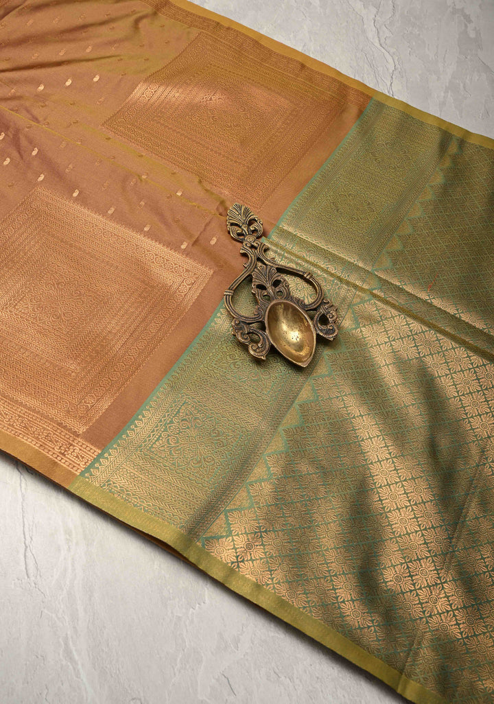 Brown Dual tone Kanchi Semi Silk Saree with Paisley Zari Buttas and Geomatric Motifs on Border