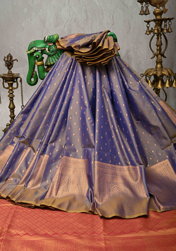 Dusty Blue Dual tone Kanchi Semi Silk Saree with Paisley Zari Buttas and Geomatric Motifs on Border