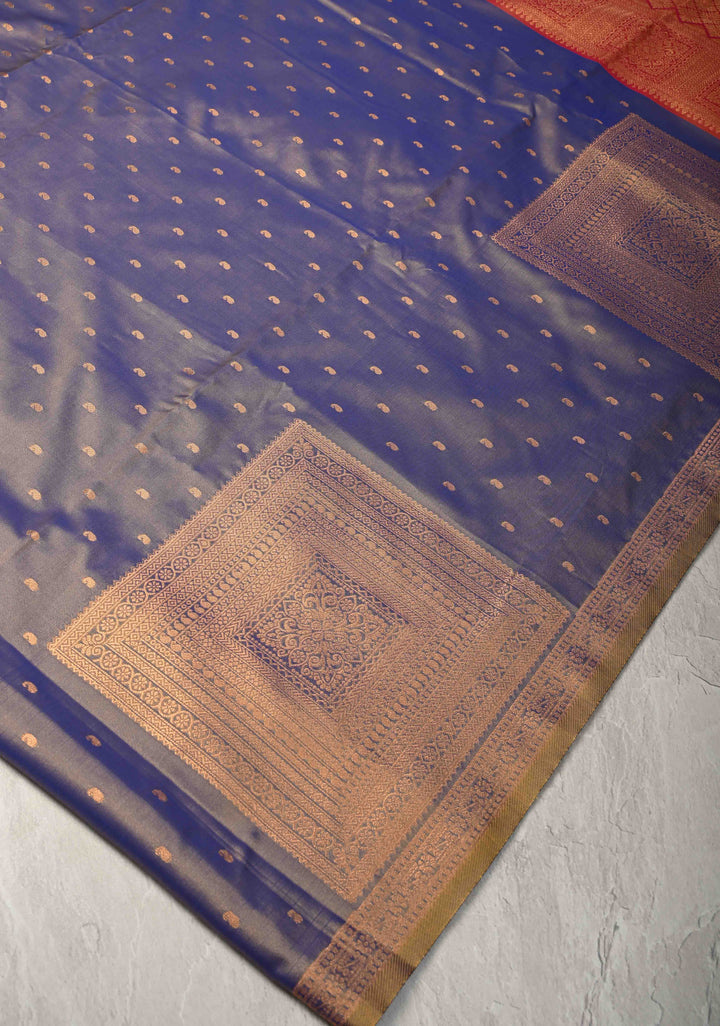 Dusty Blue Dual tone Kanchi Semi Silk Saree with Paisley Zari Buttas and Geomatric Motifs on Border