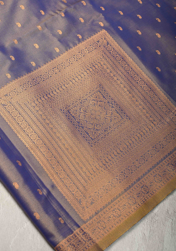 Dusty Blue Dual tone Kanchi Semi Silk Saree with Paisley Zari Buttas and Geomatric Motifs on Border