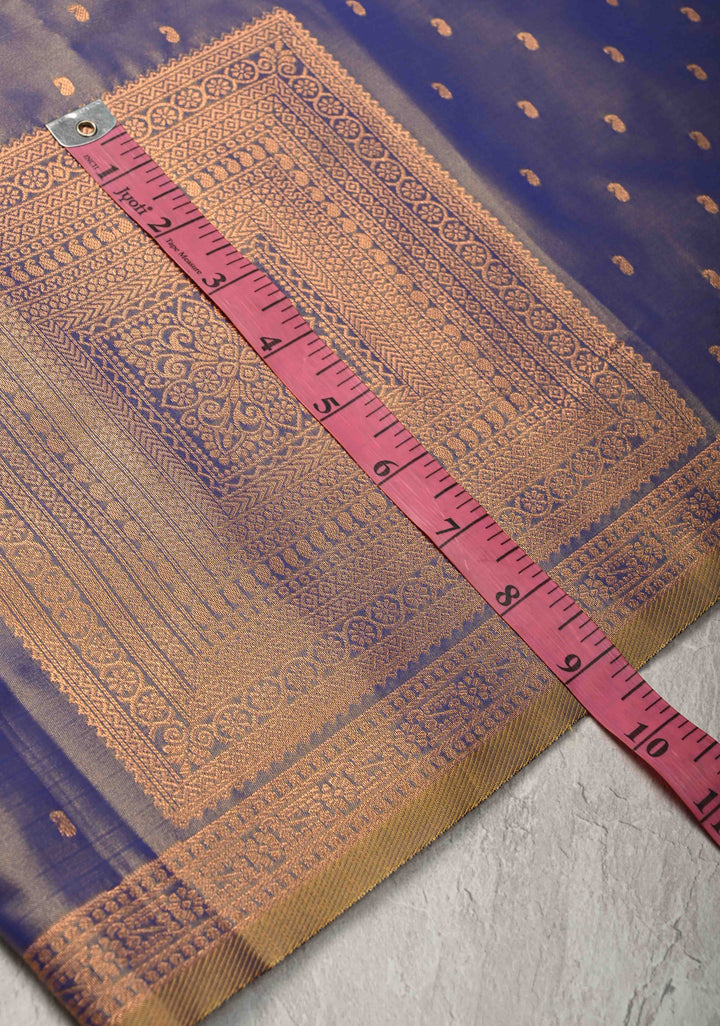 Dusty Blue Dual tone Kanchi Semi Silk Saree with Paisley Zari Buttas and Geomatric Motifs on Border