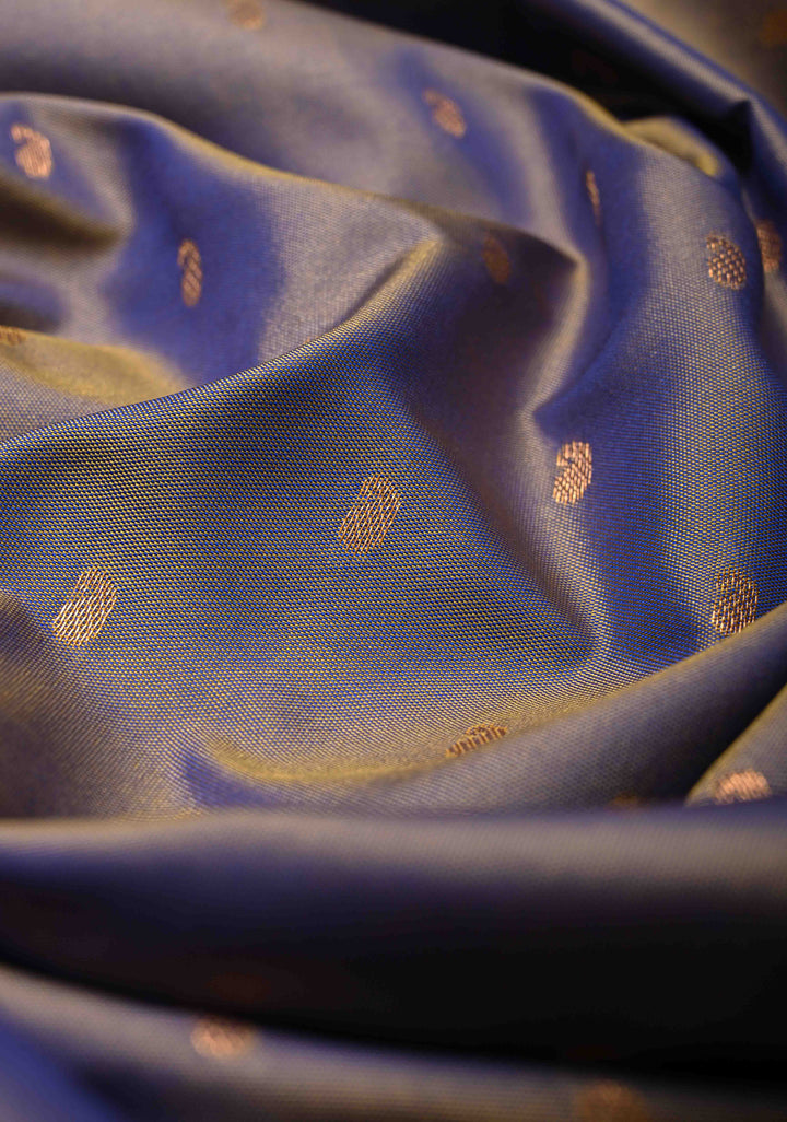 Dusty Blue Dual tone Kanchi Semi Silk Saree with Paisley Zari Buttas and Geomatric Motifs on Border