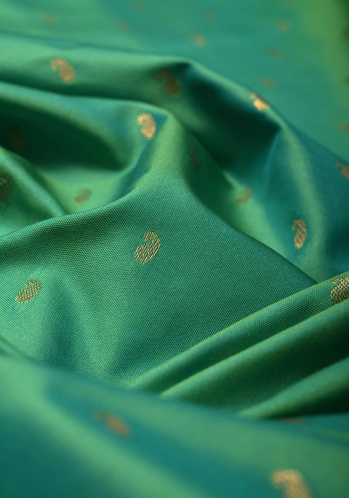 Green Dual Tone Kanchi Semi Silk Saree with Paisley Zari Buttis and Geomatric Motifs on Border