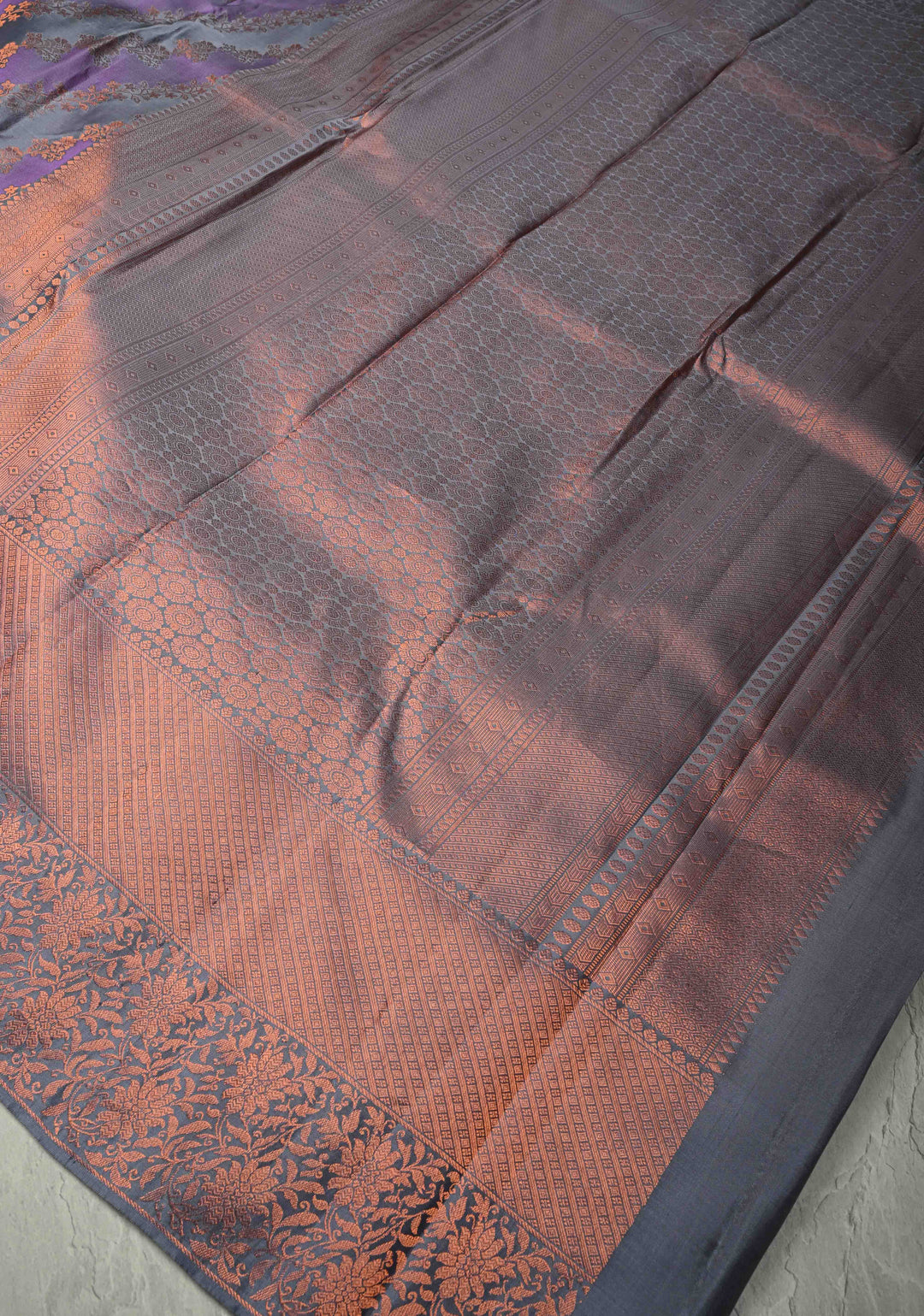 Gray- Dark Lavender Pure Kanjivaram Silk Saree with Rangkaat Style and Copper Zari Border | SILK MARK CERTIFIED