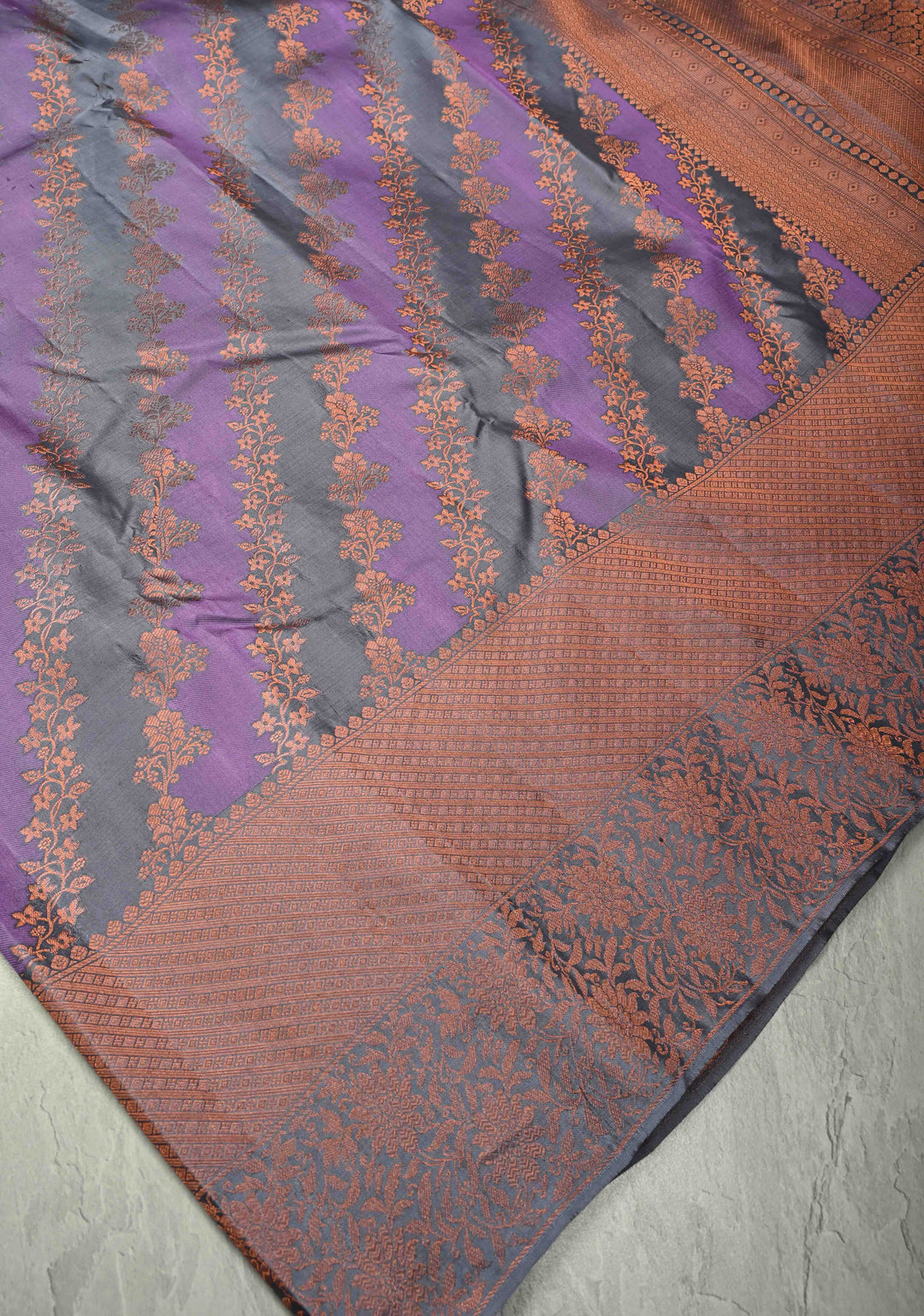 Gray- Dark Lavender Pure Kanjivaram Silk Saree with Rangkaat Style and Copper Zari Border | SILK MARK CERTIFIED