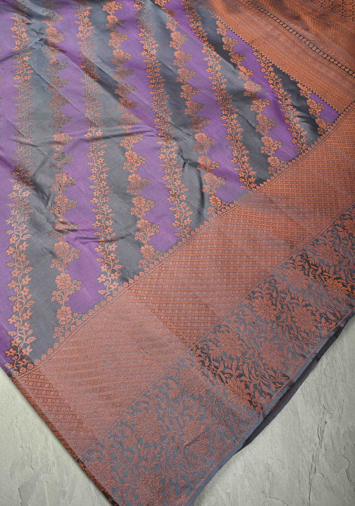 Gray- Dark Lavender Pure Kanjivaram Silk Saree with Rangkaat Style and Copper Zari Border | SILK MARK CERTIFIED
