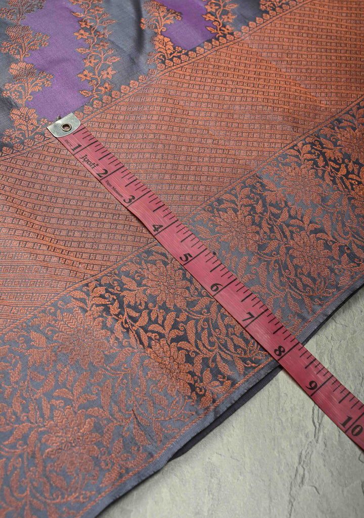 Gray- Dark Lavender Pure Kanjivaram Silk Saree with Rangkaat Style and Copper Zari Border | SILK MARK CERTIFIED