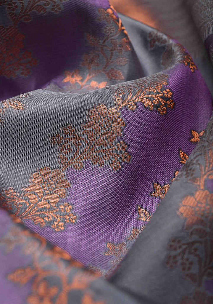 Gray- Dark Lavender Pure Kanjivaram Silk Saree with Rangkaat Style and Copper Zari Border | SILK MARK CERTIFIED