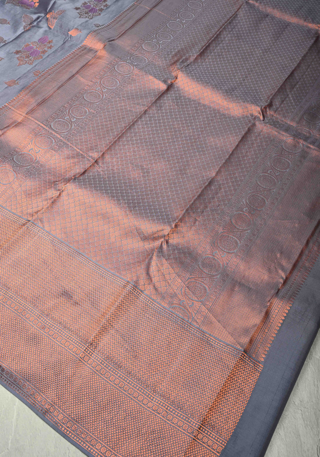 Gray Pure Kanjivaram Silk Saree with Meenakari Floral Buttas and Antique Zari Border | SILK MARK CERTIFIED