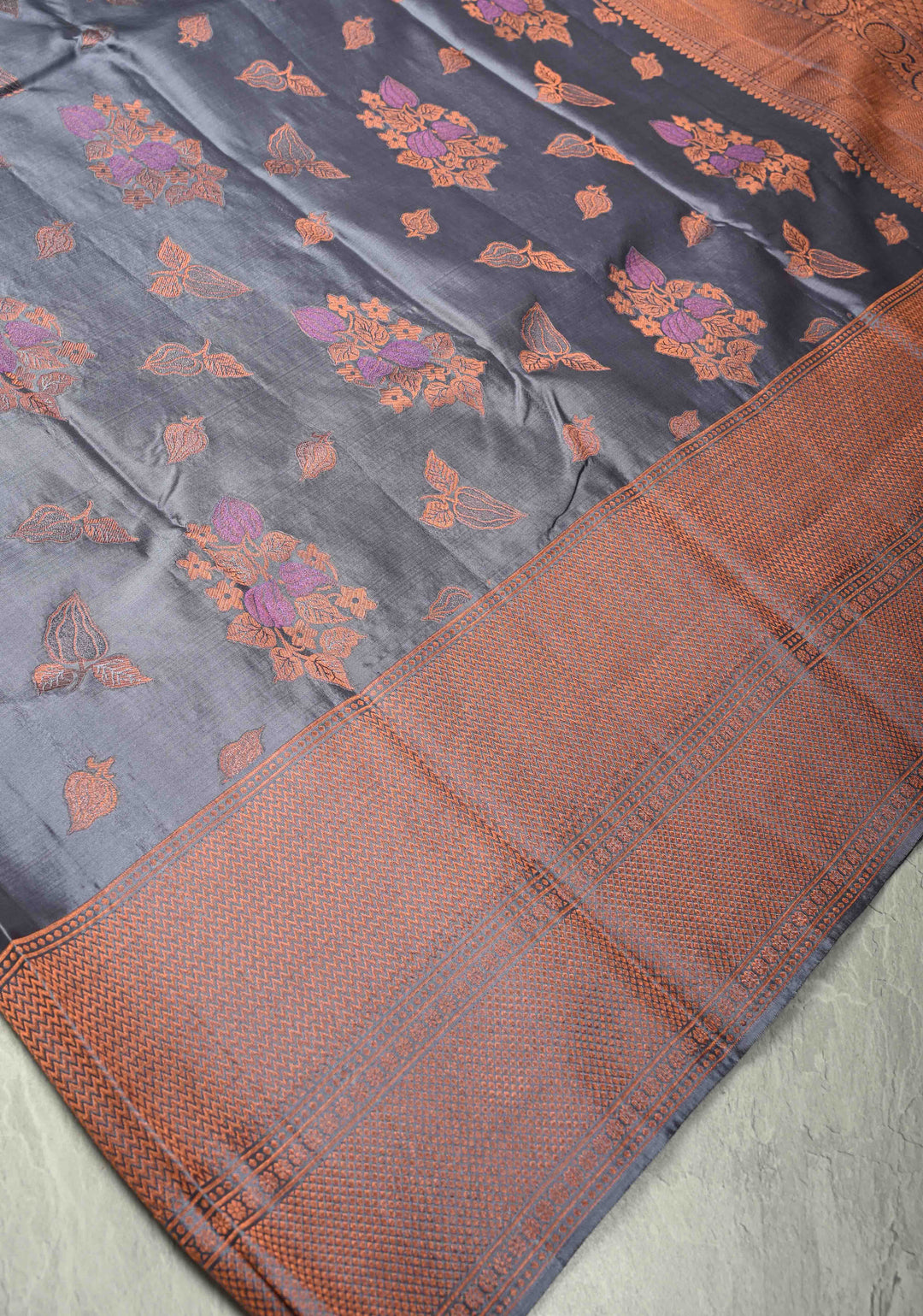 Gray Pure Kanjivaram Silk Saree with Meenakari Floral Buttas and Antique Zari Border | SILK MARK CERTIFIED