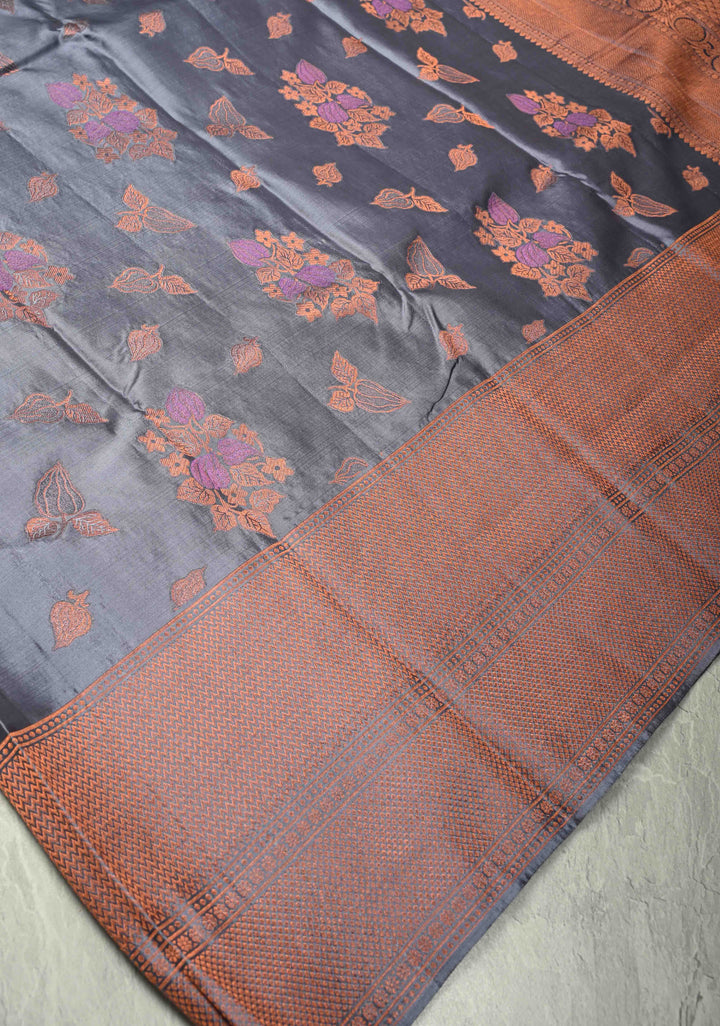 Gray Pure Kanjivaram Silk Saree with Meenakari Floral Buttas and Antique Zari Border | SILK MARK CERTIFIED