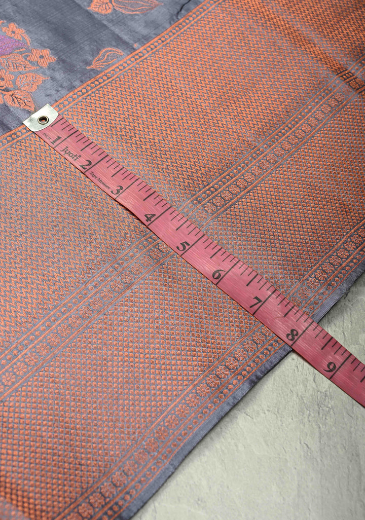 Gray Pure Kanjivaram Silk Saree with Meenakari Floral Buttas and Antique Zari Border | SILK MARK CERTIFIED