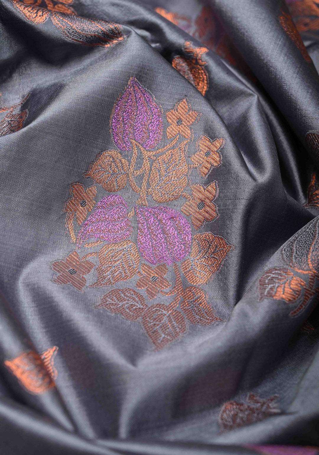 Gray Pure Kanjivaram Silk Saree with Meenakari Floral Buttas and Antique Zari Border | SILK MARK CERTIFIED