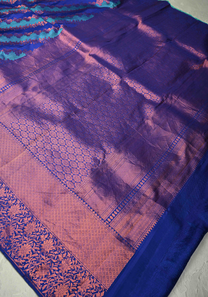 Blue-Turquoise Pure Kanjivaram Silk Saree with Rangkaat Style and Copper Zari Border | SILK MARK CERTIFIED