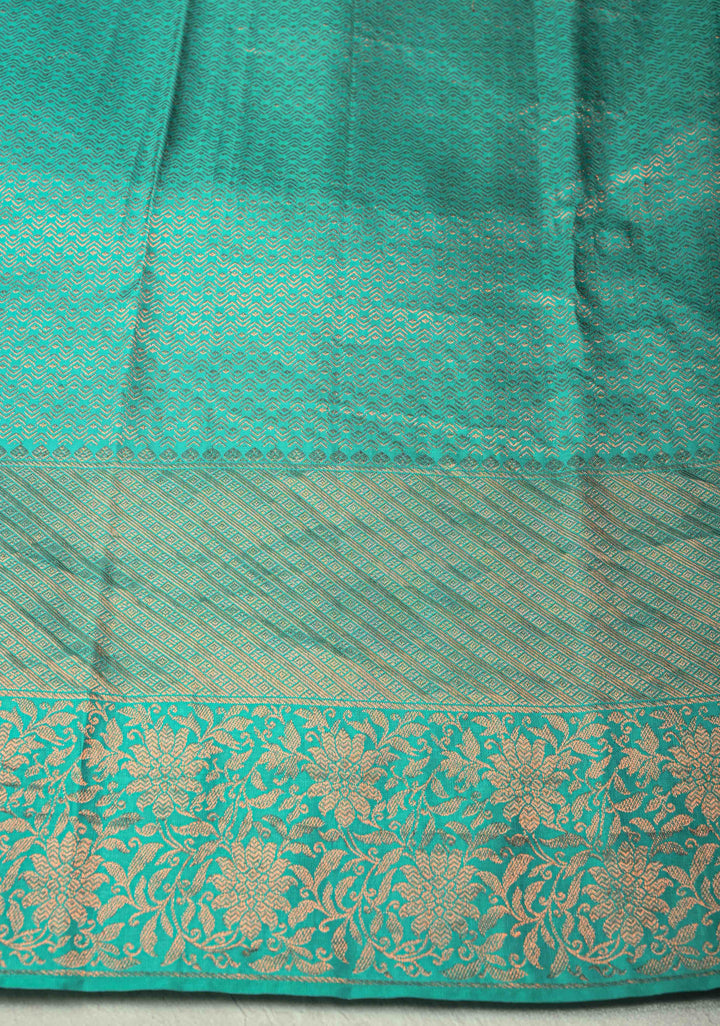 Blue-Turquoise Pure Kanjivaram Silk Saree with Rangkaat Style and Copper Zari Border | SILK MARK CERTIFIED