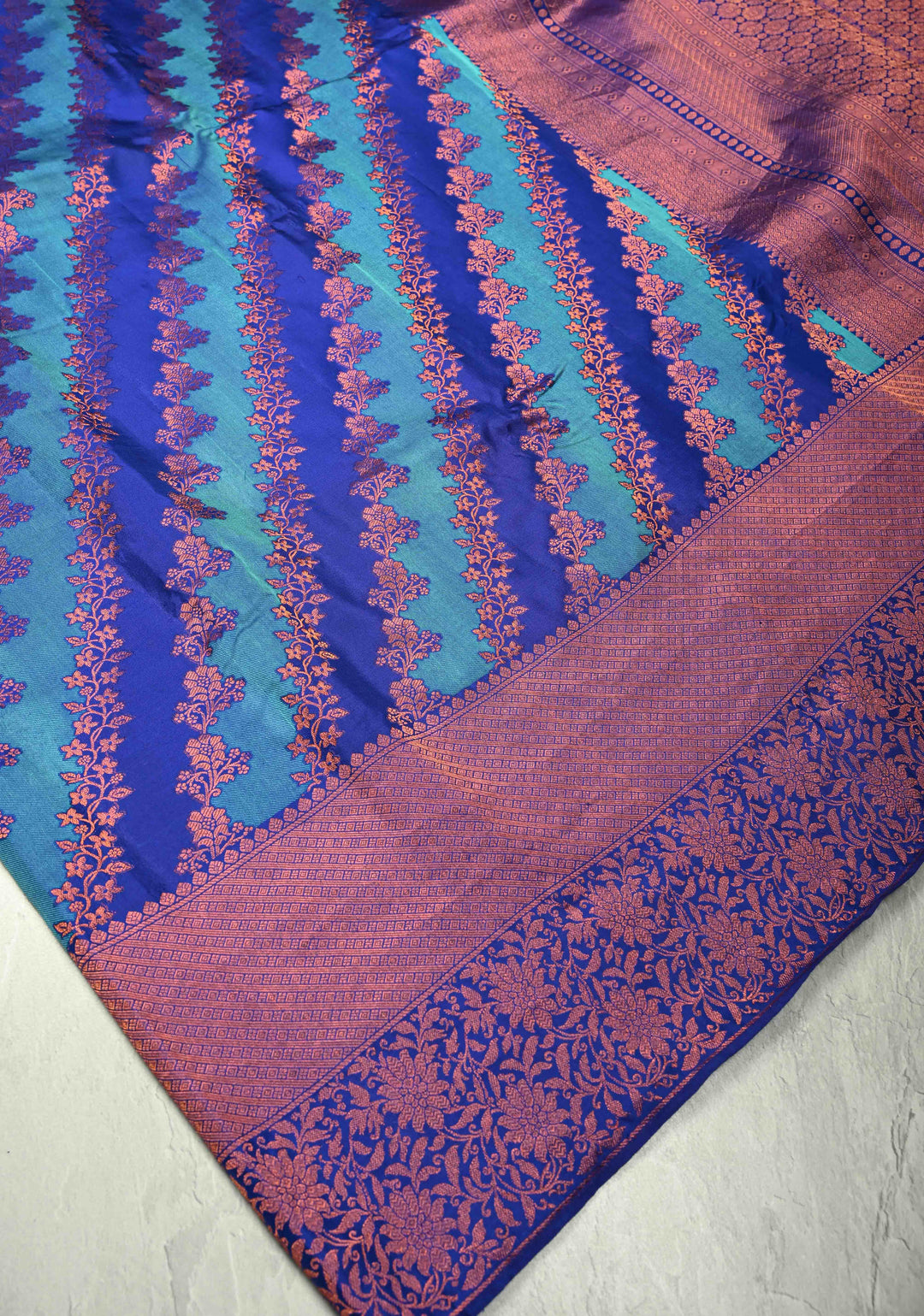 Blue-Turquoise Pure Kanjivaram Silk Saree with Rangkaat Style and Copper Zari Border | SILK MARK CERTIFIED