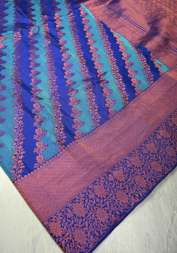 Blue-Turquoise Pure Kanjivaram Silk Saree with Rangkaat Style and Copper Zari Border | SILK MARK CERTIFIED