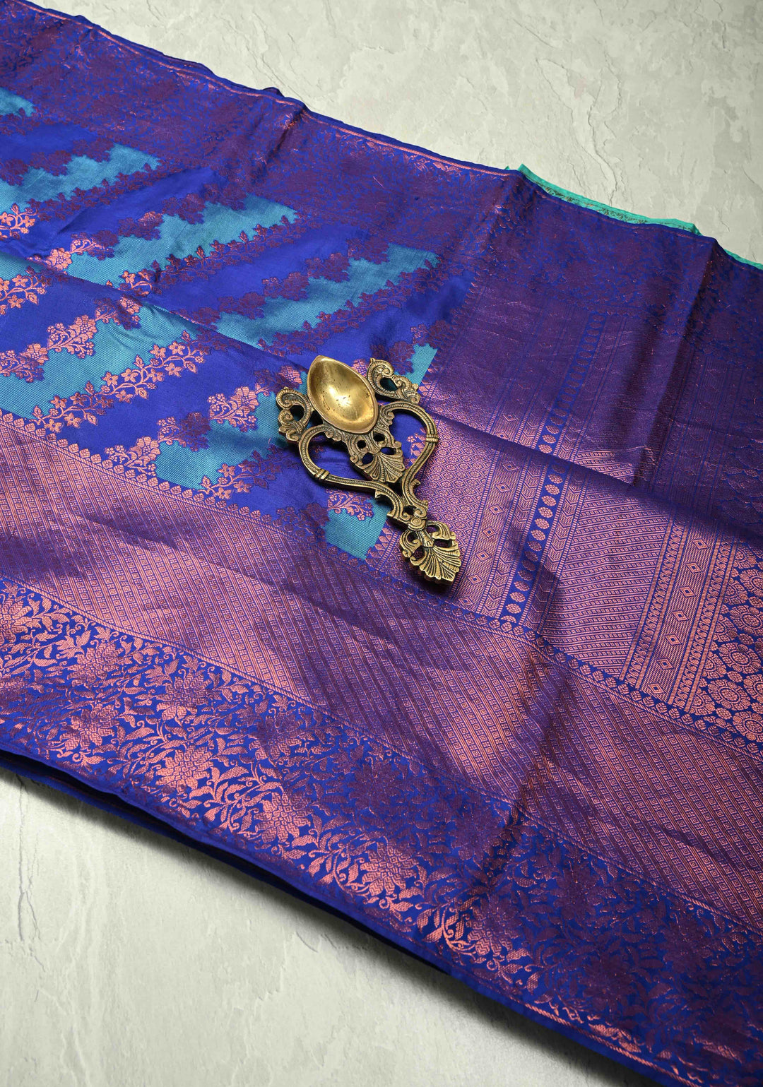 Blue-Turquoise Pure Kanjivaram Silk Saree with Rangkaat Style and Copper Zari Border | SILK MARK CERTIFIED