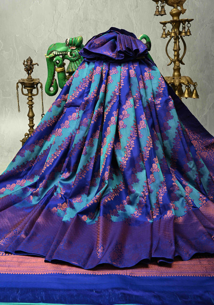 Blue-Turquoise Pure Kanjivaram Silk Saree with Rangkaat Style and Copper Zari Border | SILK MARK CERTIFIED