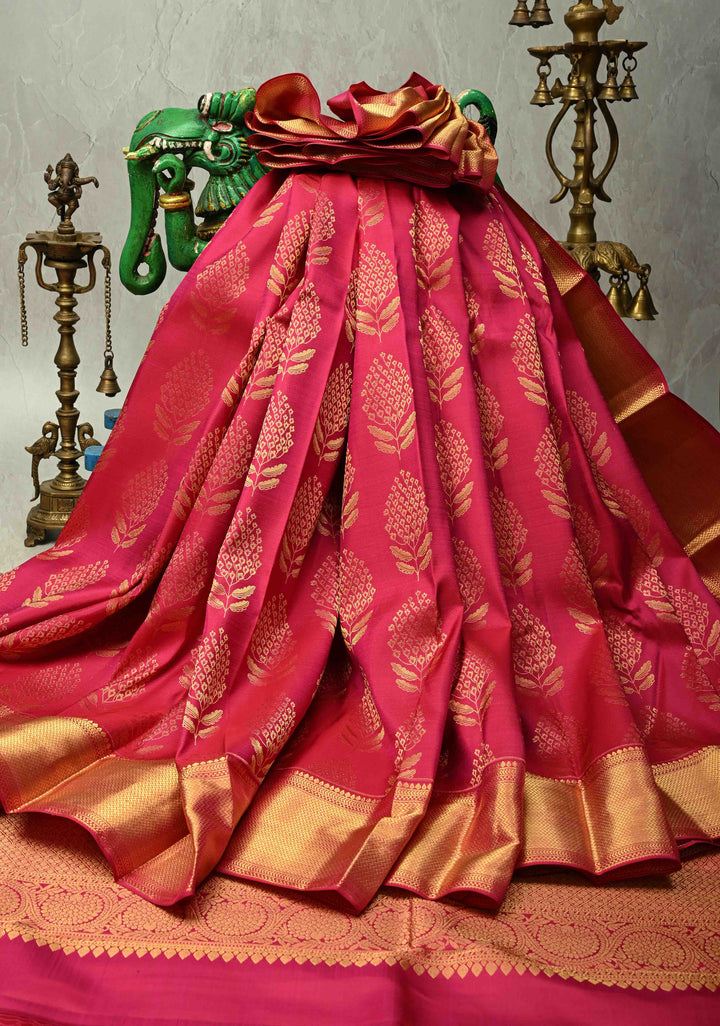 Rani Pink Pure Kanjivaram Silk Saree with Brocade and Zari Border | SILK MARK CERTIFIED