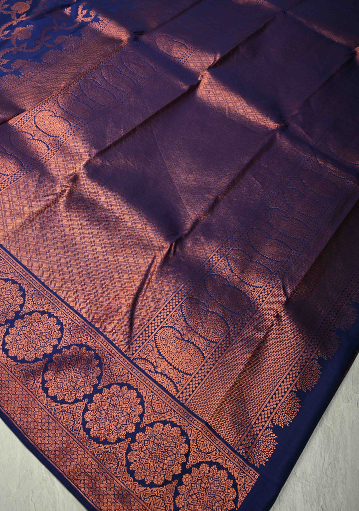 Dark Blue Pure Kanchi Silk Saree with Brocade and Zari Border | SILK MARK CERTIFIED