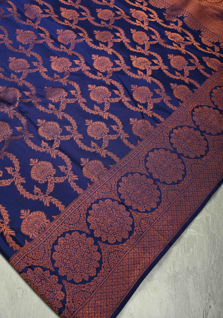 Dark Blue Pure Kanchi Silk Saree with Brocade and Zari Border | SILK MARK CERTIFIED