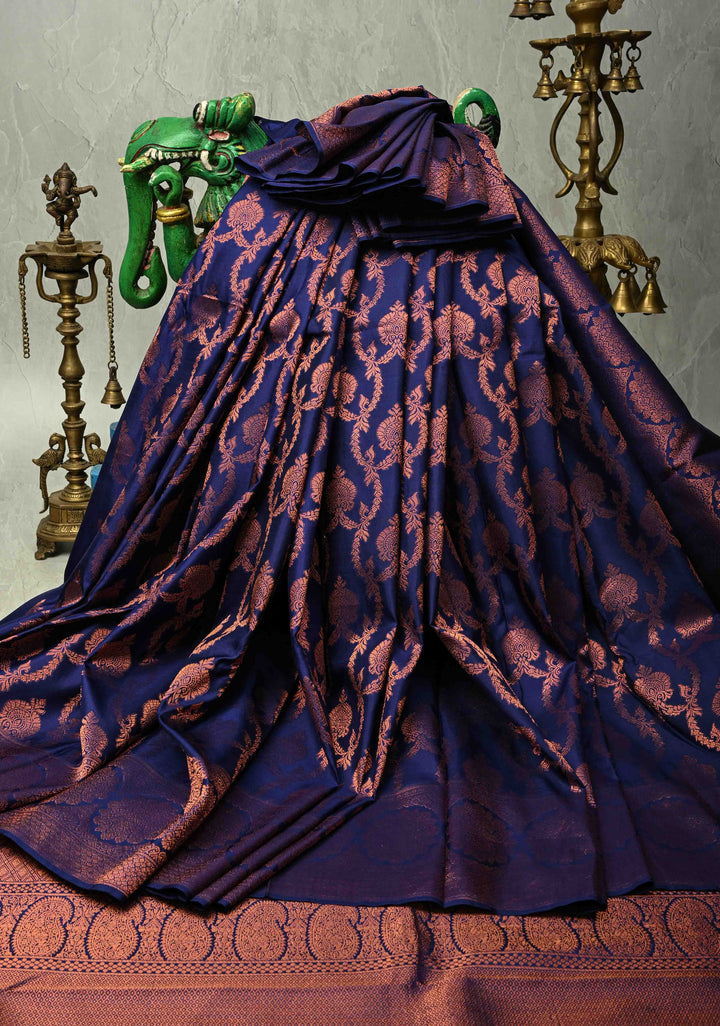 Dark Blue Pure Kanchi Silk Saree with Brocade and Zari Border | SILK MARK CERTIFIED