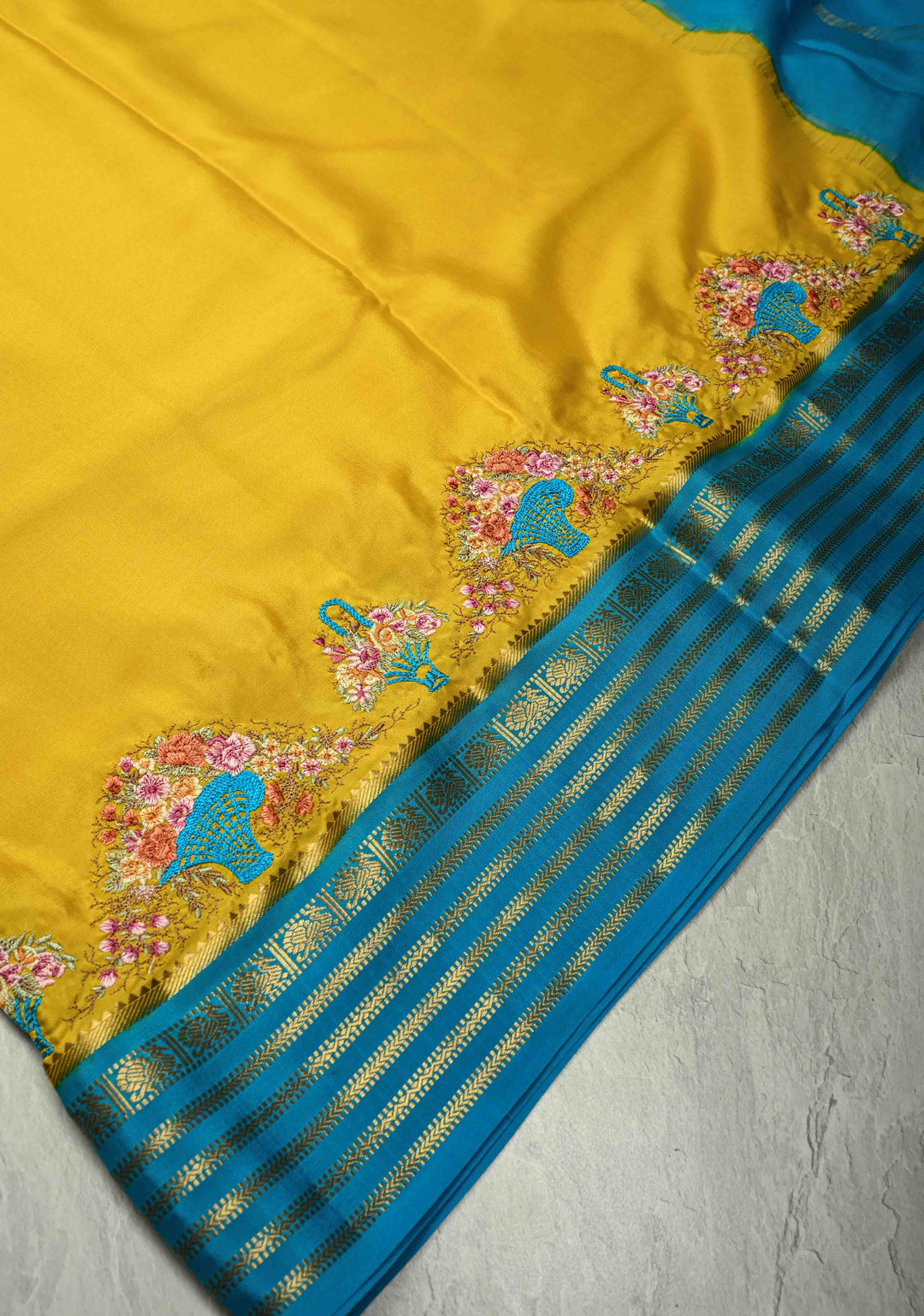 Victorian Garden - Yellow Mysore Silk Saree with Floral Embroidery and Contrast Zari Border | Silk Mark Certified