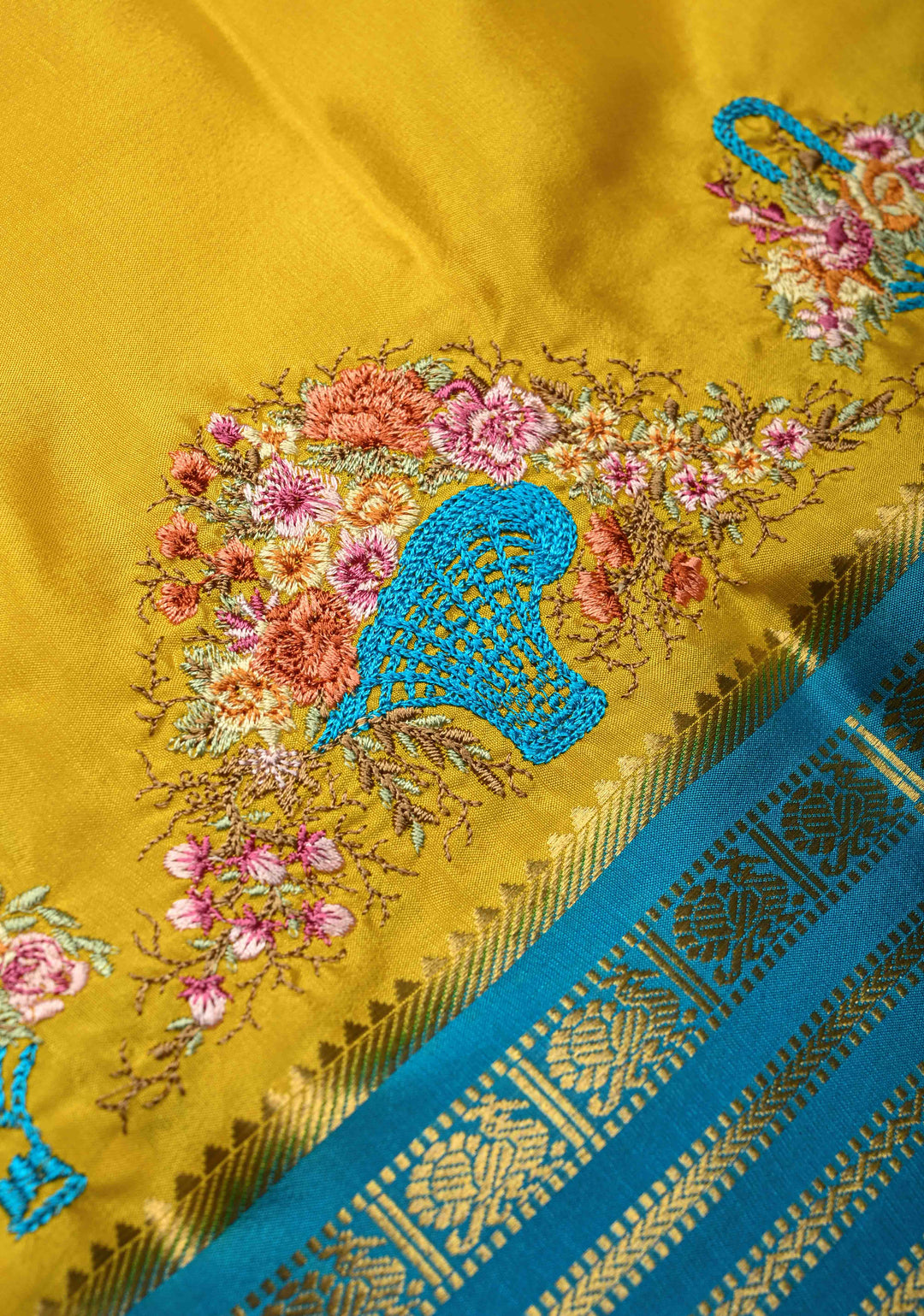 Victorian Garden - Yellow Mysore Silk Saree with Floral Embroidery and Contrast Zari Border | Silk Mark Certified
