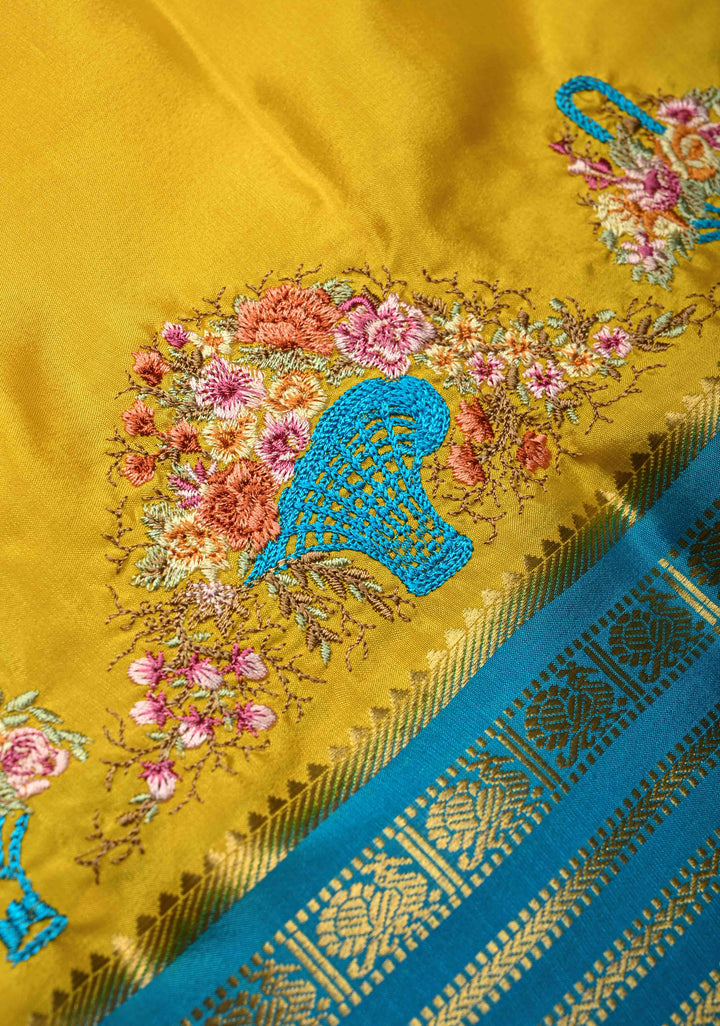 Victorian Garden - Yellow Mysore Silk Saree with Floral Embroidery and Contrast Zari Border | Silk Mark Certified
