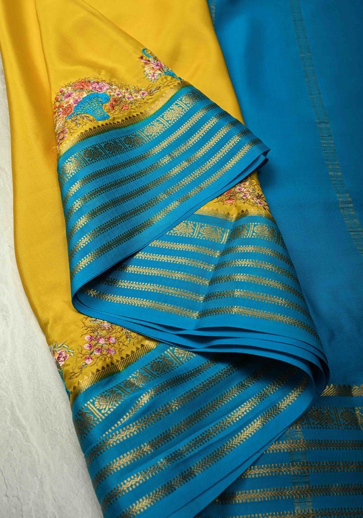 Victorian Garden - Yellow Mysore Silk Saree with Floral Embroidery and Contrast Zari Border | Silk Mark Certified