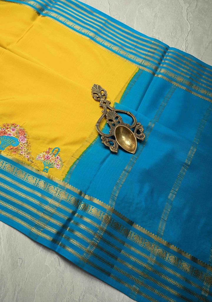 Victorian Garden - Yellow Mysore Silk Saree with Floral Embroidery and Contrast Zari Border | Silk Mark Certified