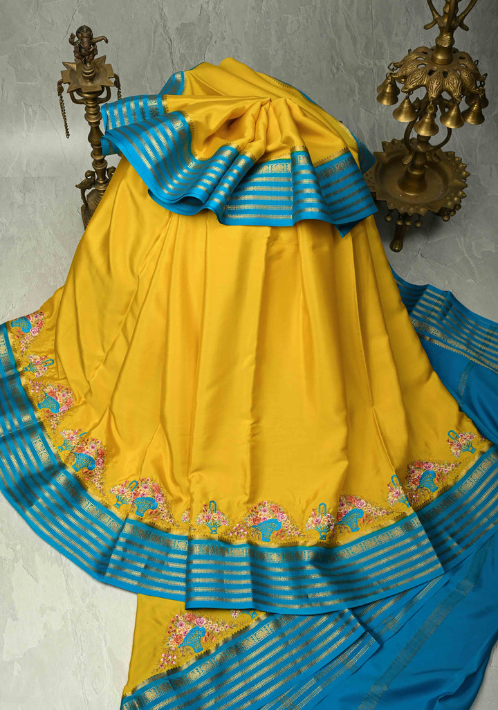 Victorian Garden - Yellow Mysore Silk Saree with Floral Embroidery and Contrast Zari Border | Silk Mark Certified