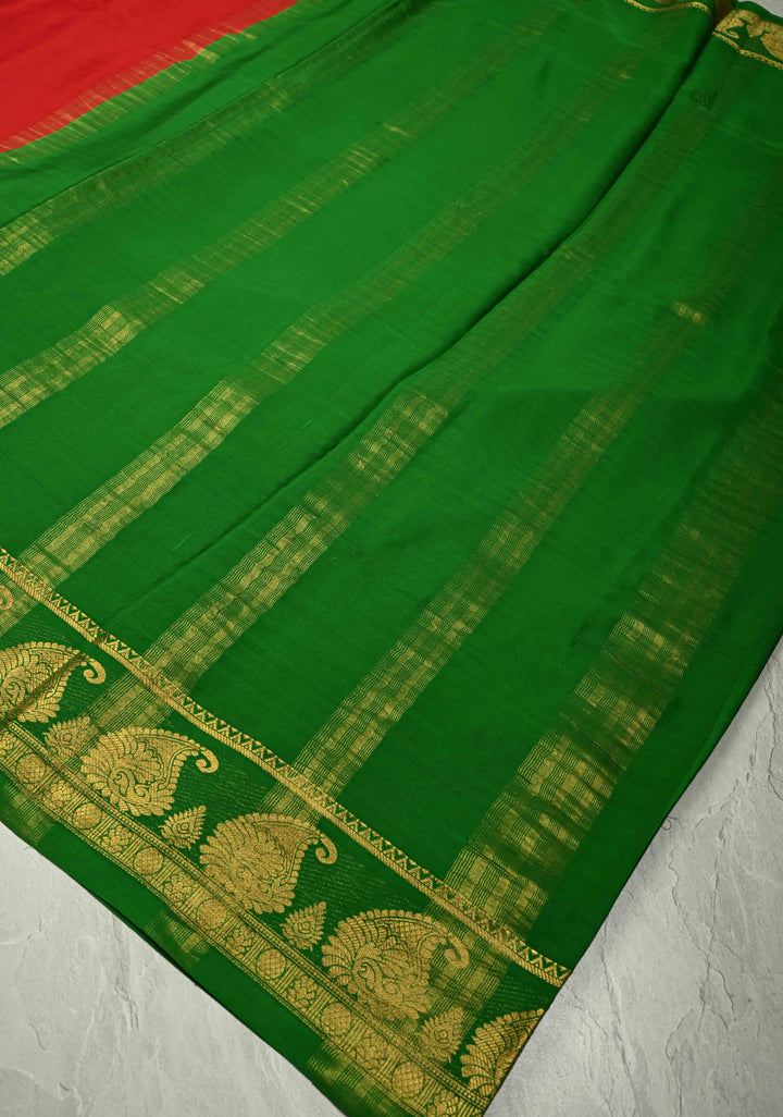 Victorian Garden - Red Mysore Silk Saree with Floral Embroidery and Contrast Zari Border | SILK MARK CERTIFIED