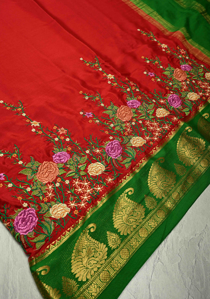 Victorian Garden - Red Mysore Silk Saree with Floral Embroidery and Contrast Zari Border | SILK MARK CERTIFIED