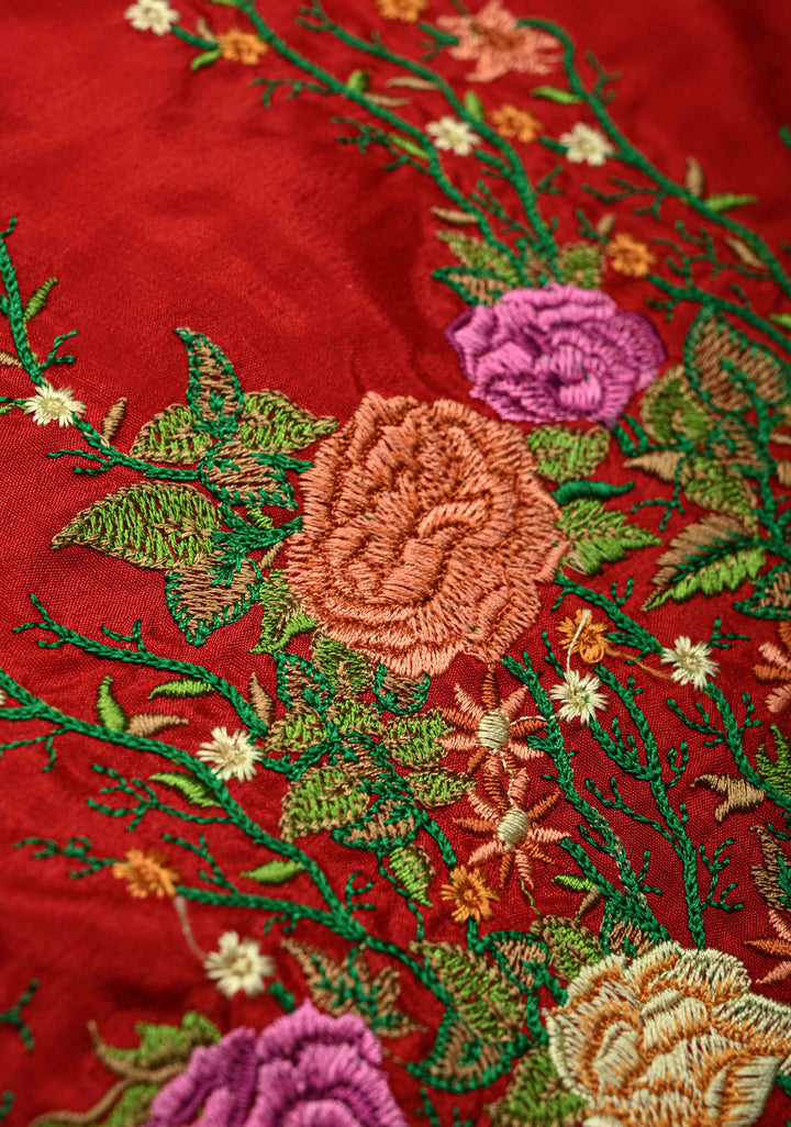 Victorian Garden - Red Mysore Silk Saree with Floral Embroidery and Contrast Zari Border | SILK MARK CERTIFIED