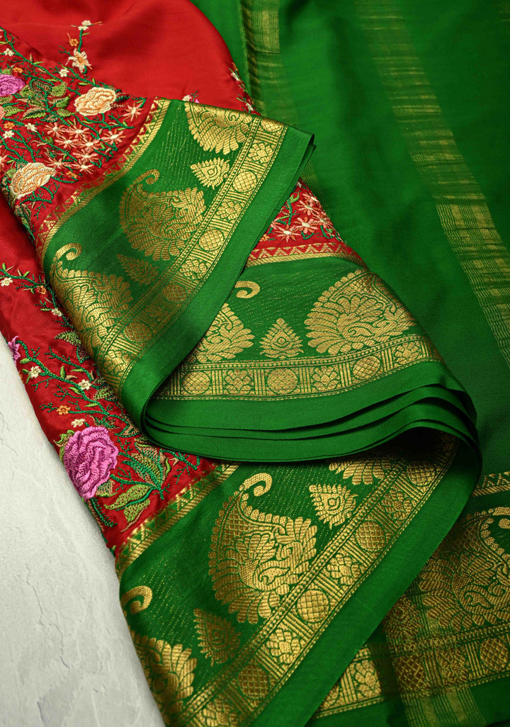 Victorian Garden - Red Mysore Silk Saree with Floral Embroidery and Contrast Zari Border | SILK MARK CERTIFIED