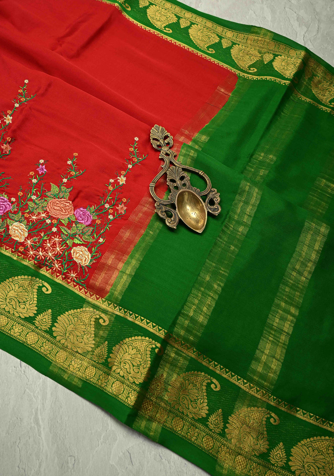 Victorian Garden - Red Mysore Silk Saree with Floral Embroidery and Contrast Zari Border | SILK MARK CERTIFIED