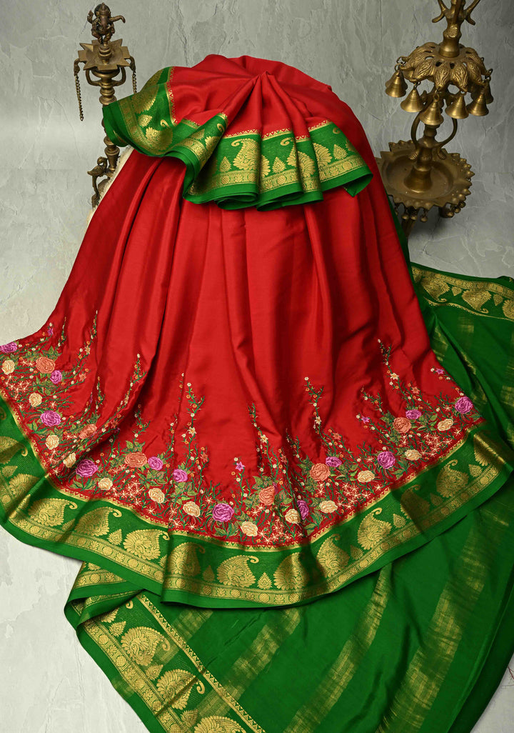 Victorian Garden - Red Mysore Silk Saree with Floral Embroidery and Contrast Zari Border | SILK MARK CERTIFIED