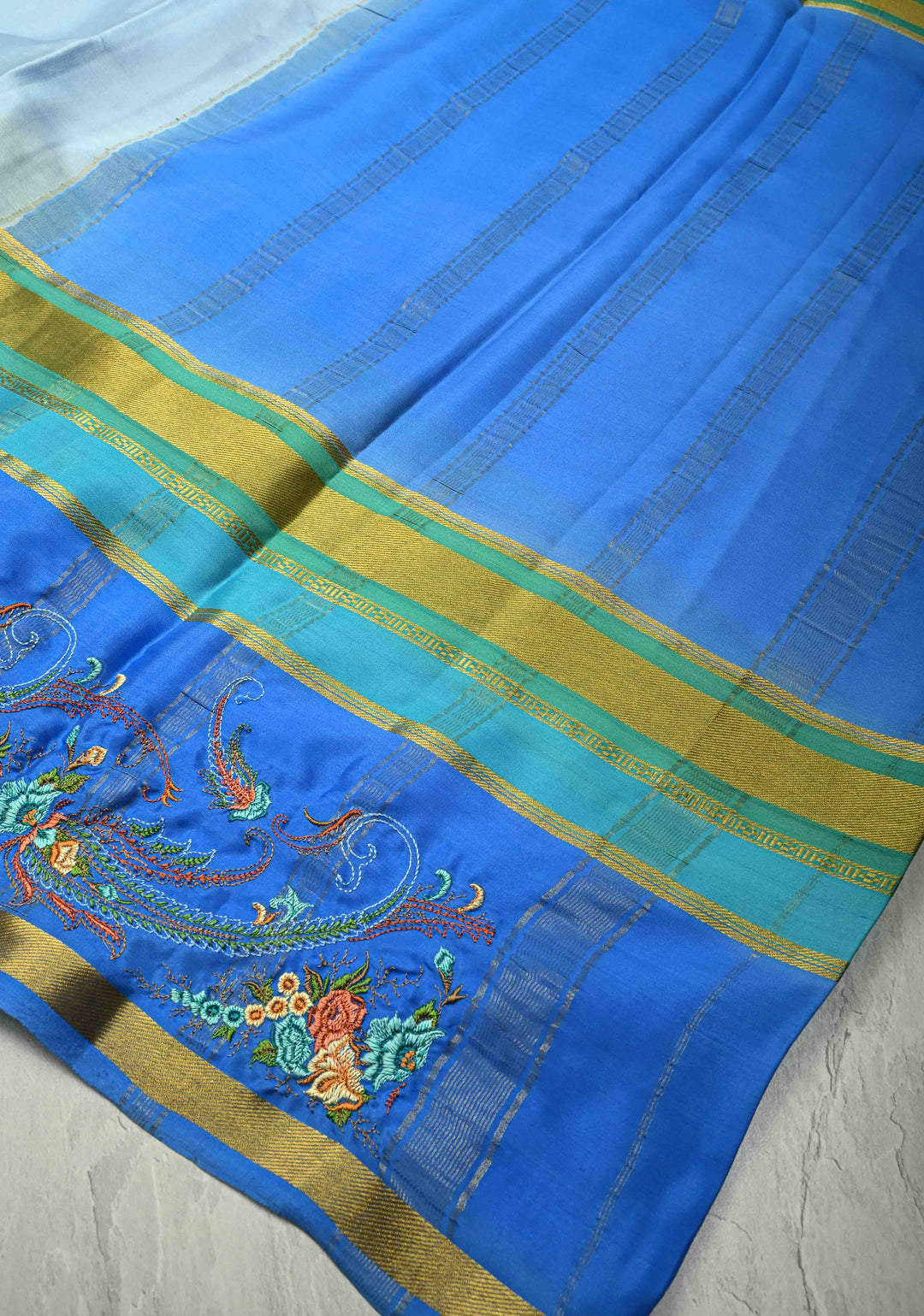 Powder Blue Mysore Silk Saree with Floral Embroidery on Contrast Border | SILK MARK CERTIFIED