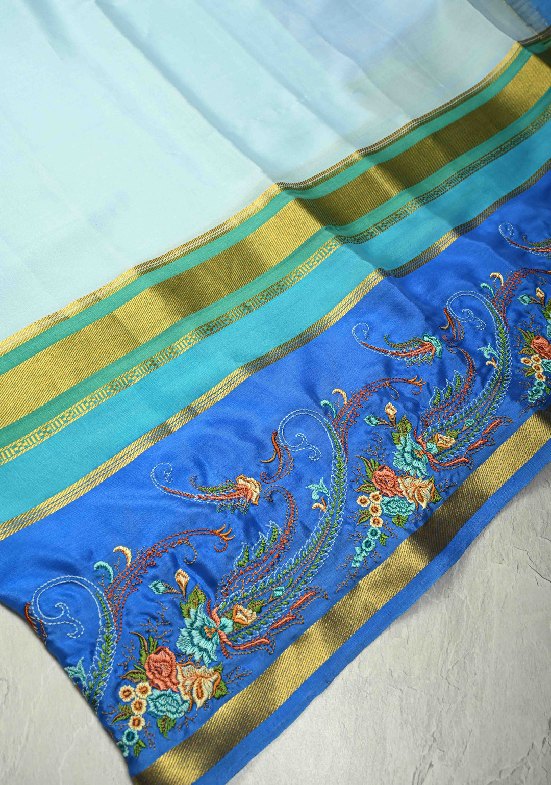 Powder Blue Mysore Silk Saree with Floral Embroidery on Contrast Border | SILK MARK CERTIFIED
