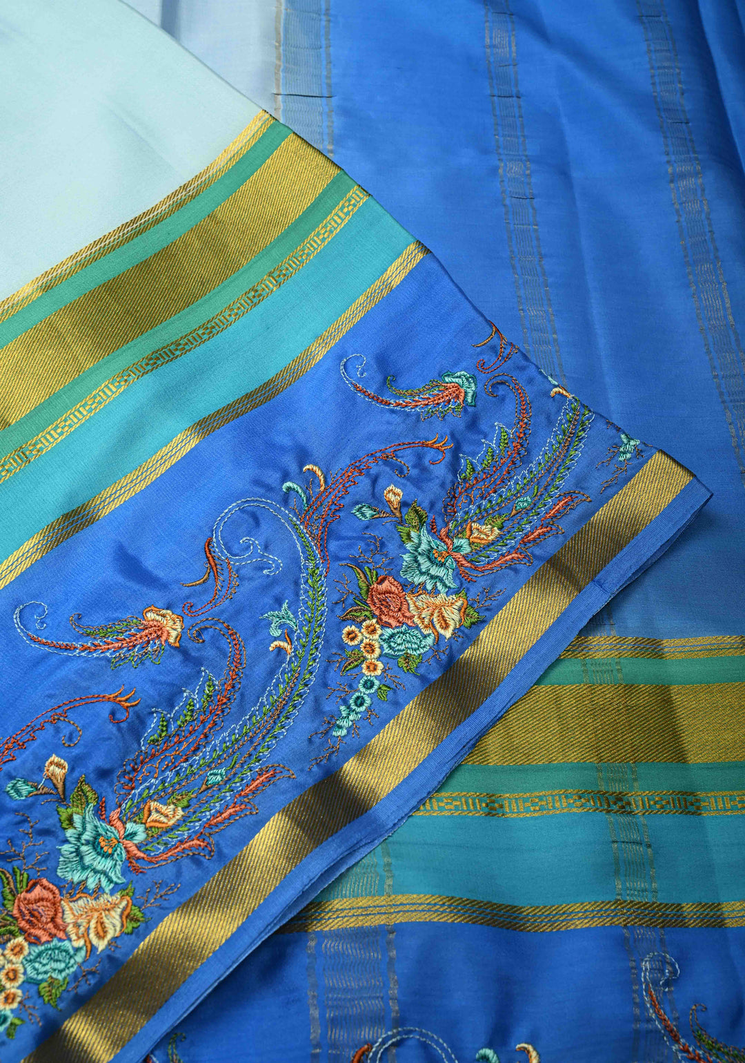 Powder Blue Mysore Silk Saree with Floral Embroidery on Contrast Border | SILK MARK CERTIFIED
