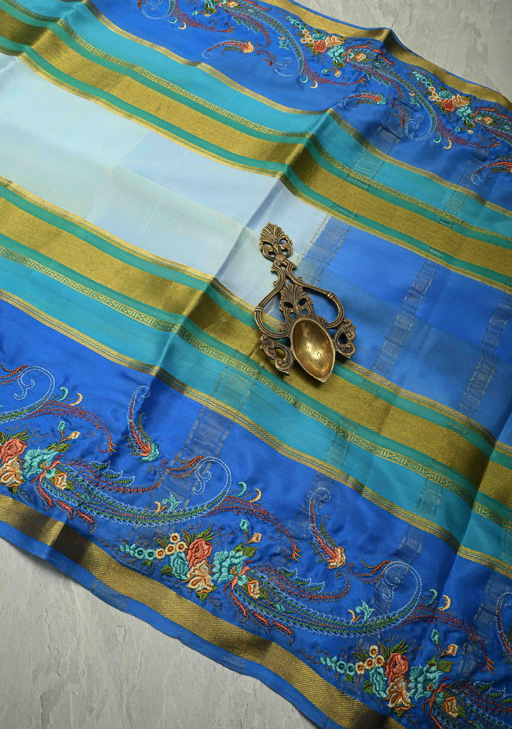 Powder Blue Mysore Silk Saree with Floral Embroidery on Contrast Border | SILK MARK CERTIFIED