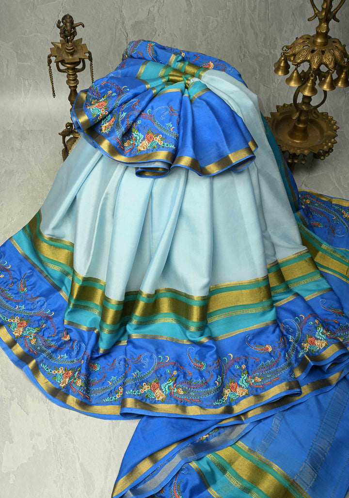 Powder Blue Mysore Silk Saree with Floral Embroidery on Contrast Border | SILK MARK CERTIFIED