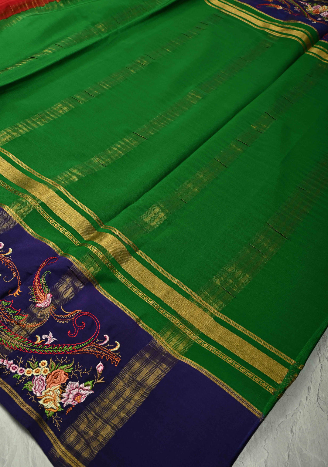 Crimson Red Mysore Silk Saree with Floral Embroidery on Contrast Border | SILK MARK CERTIFIED