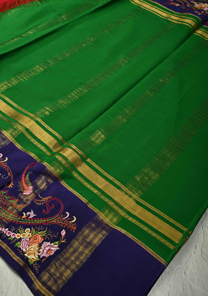 Crimson Red Mysore Silk Saree with Floral Embroidery on Contrast Border | SILK MARK CERTIFIED