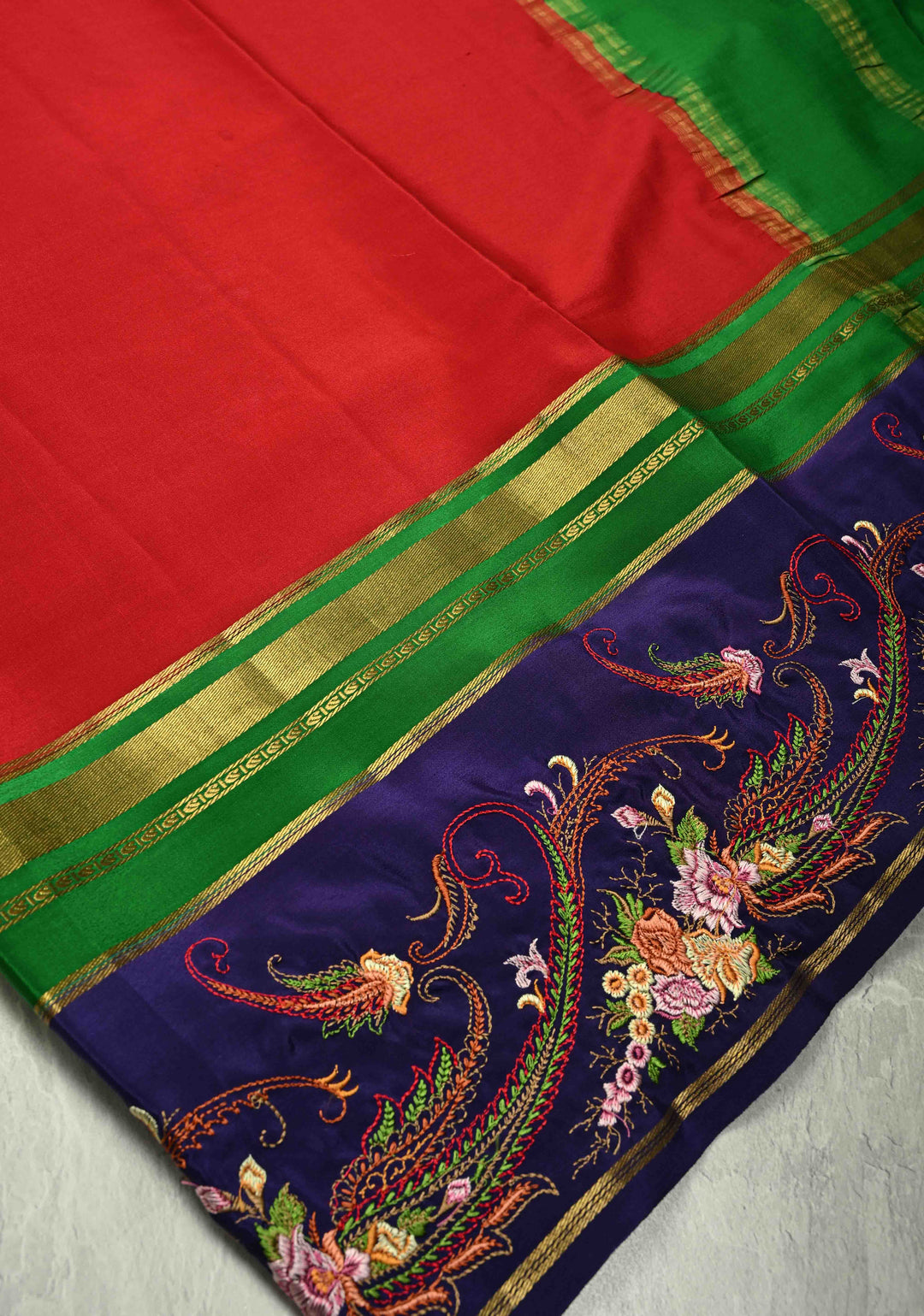 Crimson Red Mysore Silk Saree with Floral Embroidery on Contrast Border | SILK MARK CERTIFIED