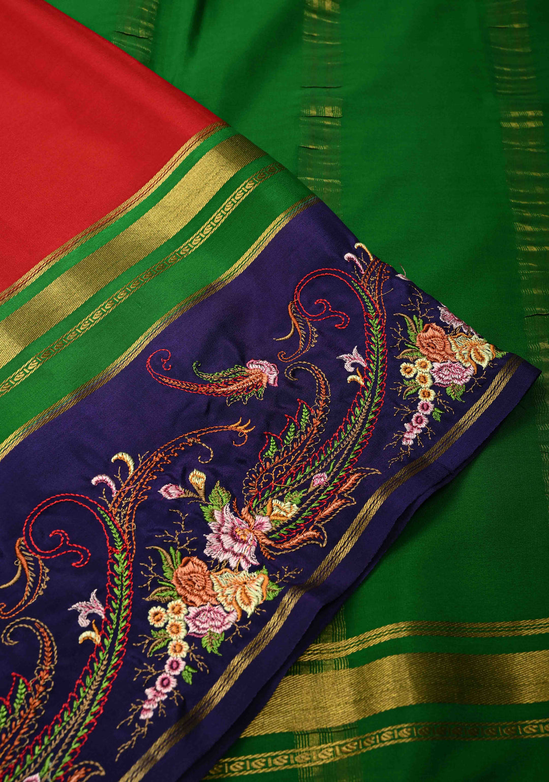 Crimson Red Mysore Silk Saree with Floral Embroidery on Contrast Border | SILK MARK CERTIFIED