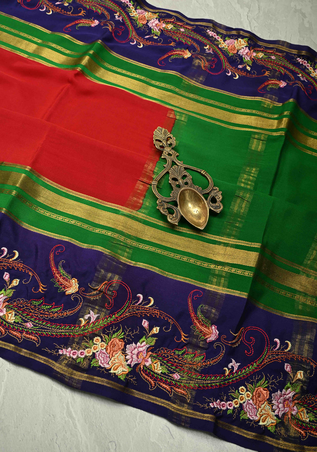 Crimson Red Mysore Silk Saree with Floral Embroidery on Contrast Border | SILK MARK CERTIFIED